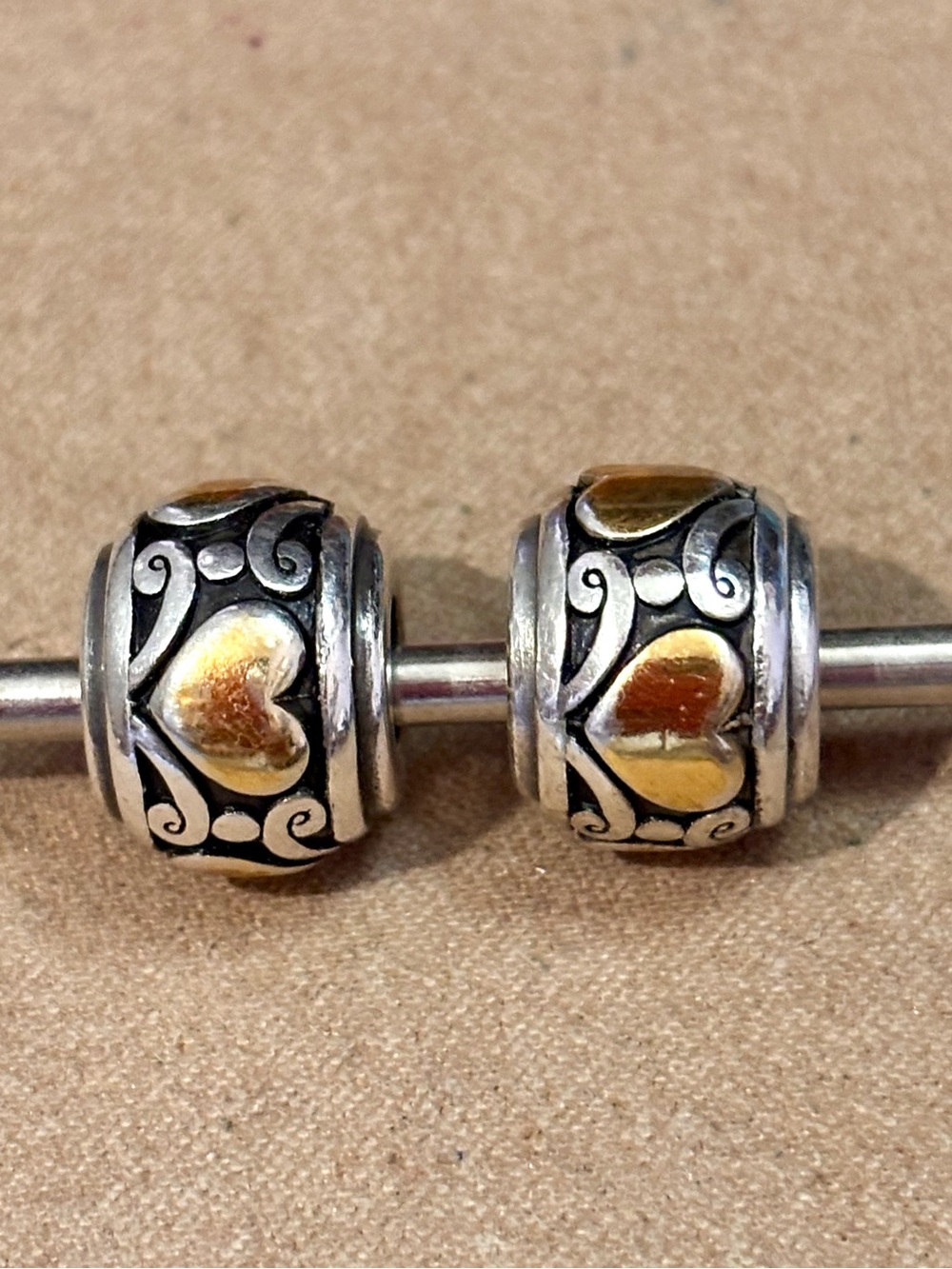 🆕Listing! Two Brighton Matilda stopper beads Wide Silver w. gold hearts Retired